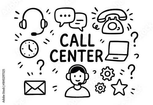 A hand-drawn doodle illustration representing various elements of a call center and customer support services, including an agent, phone, chat, and email — stock vector.