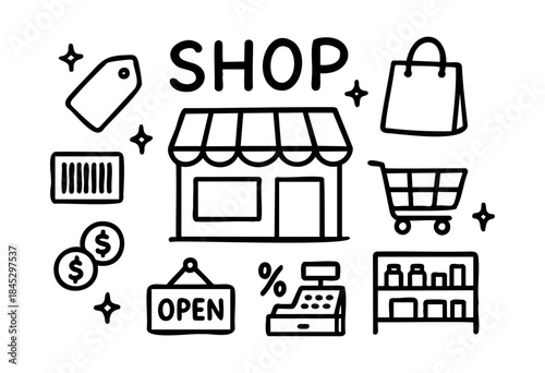 A charming collection of doodle-style shopping and retail icons, including a store, cart, bag, price tag, and more, ideal for e-commerce and business designs — stock vector.