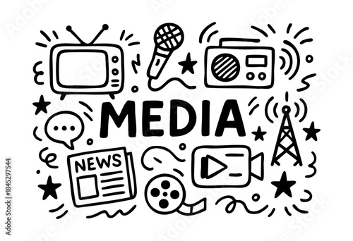 A hand-drawn collection of media and communication icons including television, camera, microphone, smartphone, and newspaper, with the word "MEDIA" prominently displayed — stock vector.
