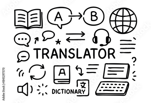 A comprehensive collection of hand-drawn doodle icons and text representing translation, language learning, communication, and global interpreting services — stock vector.