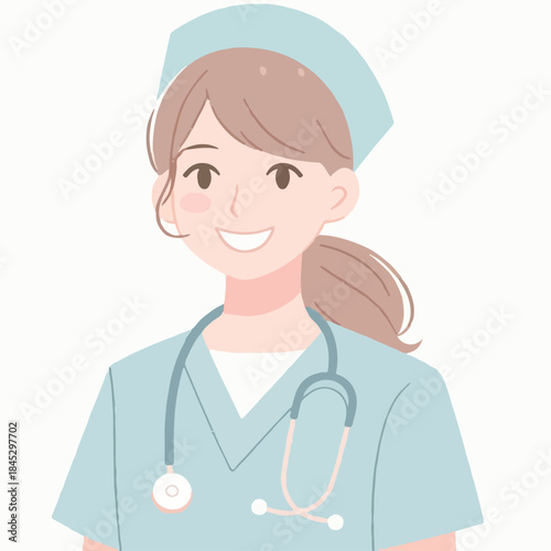 Illustration of a smiling female nurse, minimalist flat design, white background