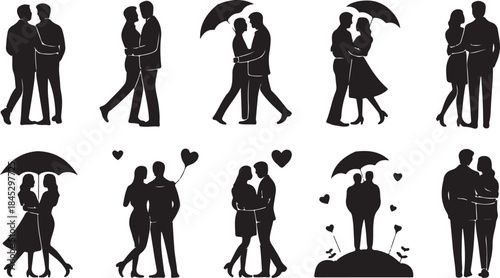Romantic Couple Silhouettes Embracing Under Umbrellas and With Heart Balloons love romance