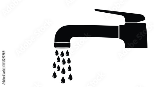 Simple black and white illustration of a water tap with dripping water