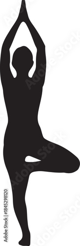 Black vector silhouette of person in yoga tree pose isolated on white background