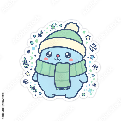 Cute Kawaii Christmas Character Sticker. Winter Holiday Flat Vector Illustration.