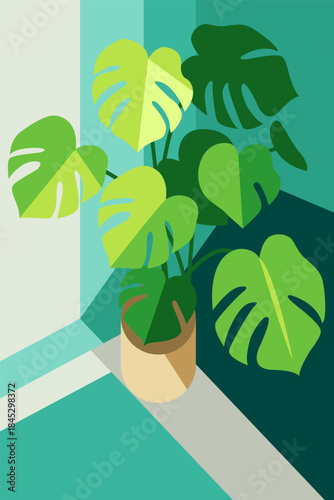 Flat style vector illustration of a monstera plant in a brown pot with large, iconic green leaves. Minimalist indoor houseplant design with clean shapes and modern aesthetic.