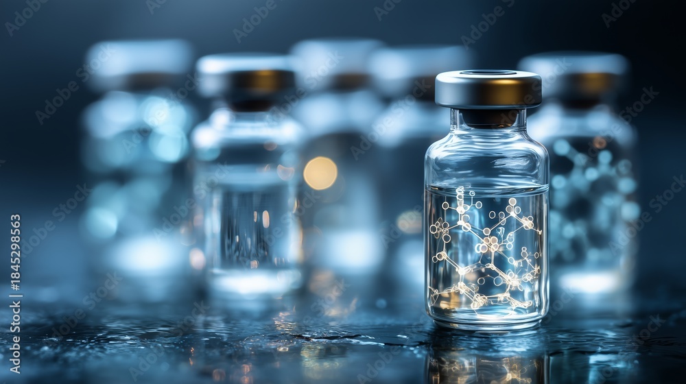 Fototapeta premium Innovative transparent peptide molecules in vials demonstrate biotechnology for advanced anti aging skincare solutions