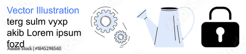 Productivity tools, gardening, security, mechanical systems, growth, information safety. Gears, watering can and padlock icons in a flat design. Productivity and security visual