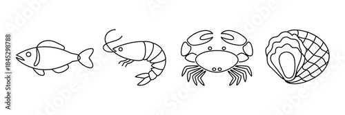 One Line Drawing Seafood Market Set. Transparent background PNG image