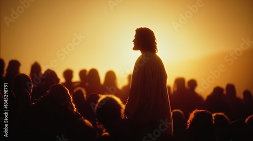 Group of people listening to Jesus as he speaks against a sunset backdrop in a vast landscape during ancient times