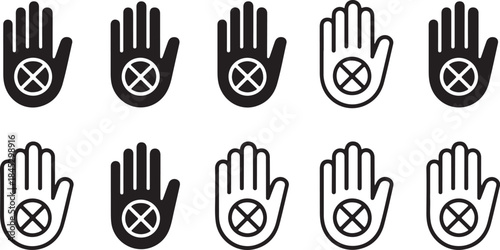 Set of Hand Icons with a Prohibition or Stop Symbol forbidden