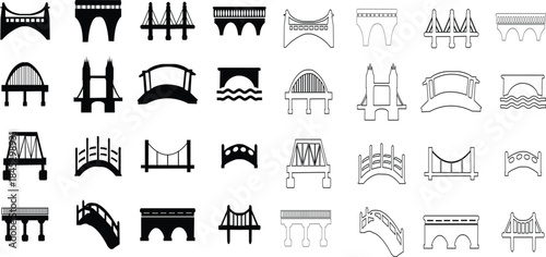 Bridge icon set in flat and line style architectural crossing silhouettes featuring arch suspension and modern bridges, minimal monochrome infrastructure vector pack for urban and construction concept