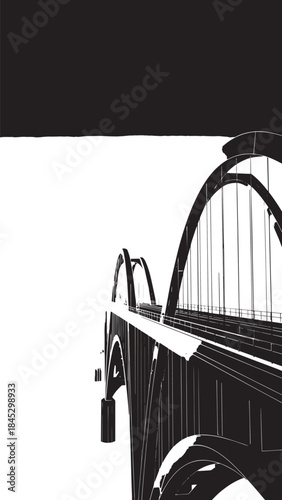 Monochrome view of a dramatic suspended bridge with arches and cables.