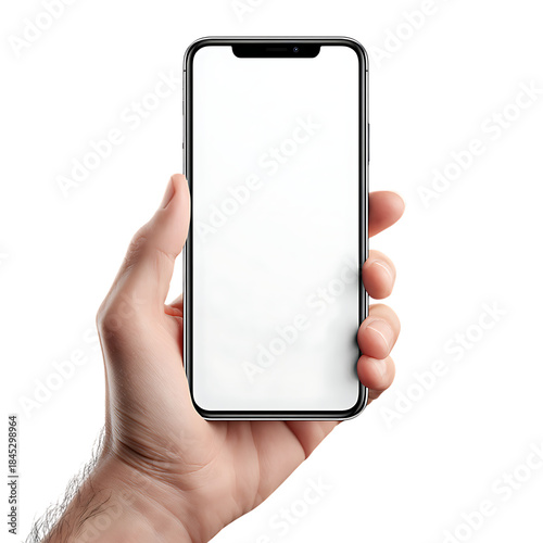 Hand holding blank smartphone isolated on transparent background for mockup purposes