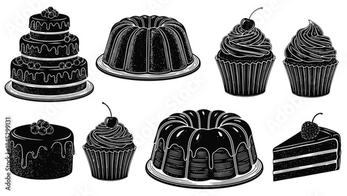 An assortment of vintage style cakes cupcakes and cake slices