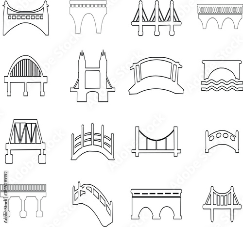 Bridge icon set in line style architectural crossing silhouettes featuring arch suspension and modern bridges, minimal monochrome infrastructure vector pack for urban and construction concept