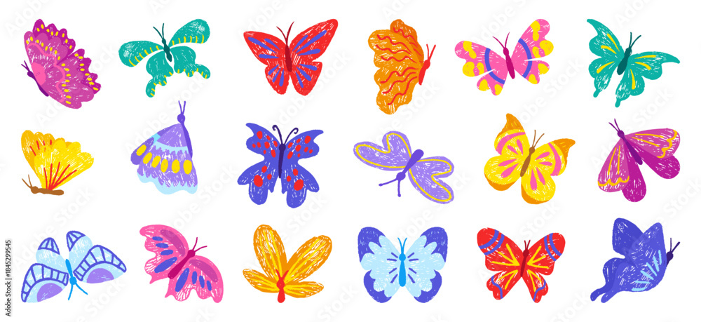 Fototapeta premium Hand drawn chalk butterfly. Crayon butterflies, seasonal flying insects children style pencil drawing. Isolated wildlife characters with ornament, neoteric vector set