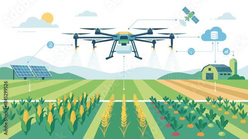 Smart agriculture drone watering crops field. Farming technology. Automated irrigation system. Solar panels satellite. Future farm innovation. Aerial sprayer. Modern agribusiness.