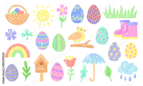 Crayon drawing spring elements. Easter eggs in basket, bird, flowers. Decorative seasonal chalk drawn, children style painting. Neoteric vector collection