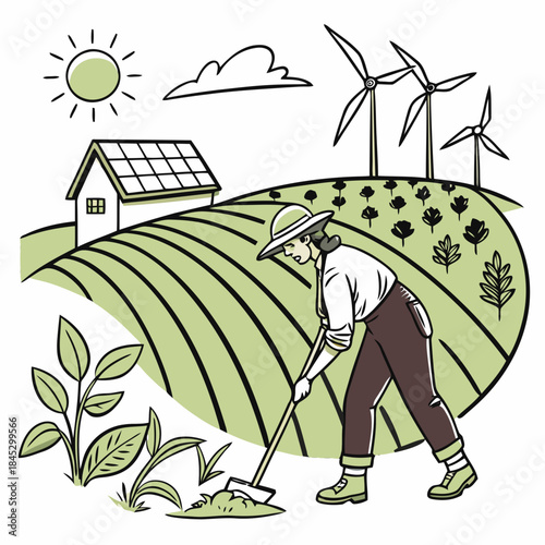 A farmer works in a field with sustainable energy sources in the background