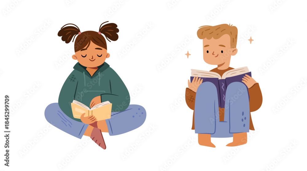 Naklejka premium Smart dreamy kids sitting and reading books. Vector isolated cartoon characters enjoying fairytale. Cute boy and girl with literature textbooks. School education, leisure or free time