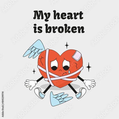 Groovy sad heart. Cute red heart with cracks and fallen wings. Symbol of love end. Sadly crying retro character, poster or card design, neoteric vector template
