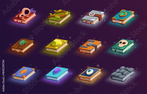 Old magic books. Book of spells for wizard, witch, magical creatures. Notebooks with covers decorated skulls, gemstones, plants, sapid vector clipart