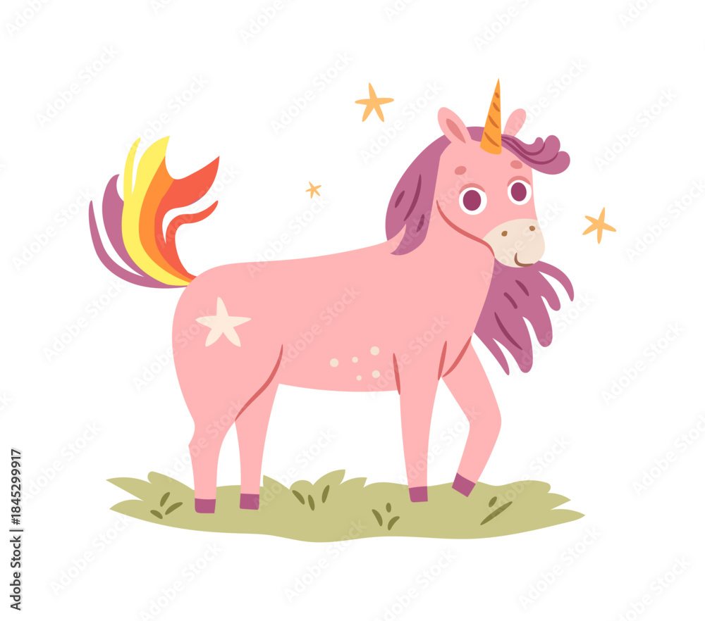 Naklejka premium Unicorn fantasy character with horn and rainbow tail. Vector isolated mythical beast, cartoon personage with stars walking on meadow. Magic dreams, nursery decoration or adornment for children