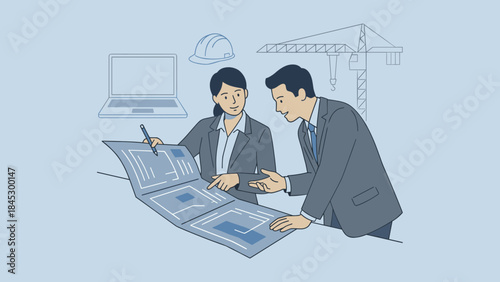 Architect showing blueprint plan to client. Construction engineering concept. Professional business meeting. Project development discussion. Real estate planning. Industrial teamwork.