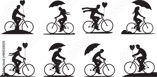 Silhouettes of Couples Riding Bicycles with Heart Balloons and Umbrellas Keywords: couple, bicycle, bike, riding, silhouette, heart, balloon, umbrella, love, romance, together, travel, outdoor