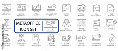 Meta office  Virtual Workplace line icons. Digital desk, collaboration, task management, remote work, and smart office systems for design and business presentations.