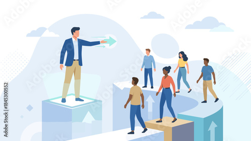 Business leadership concept. Manager guiding team to success. Corporate mentorship and motivation. Career growth path. Leader pointing direction. Teamwork progress. Strategy vision.