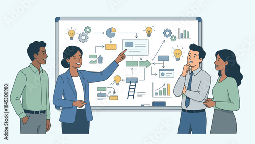 Business strategy presentation meeting. Female leader pointing at whiteboard plan. Corporate team workshop. Management goals planning. Workflow process diagram. Collaboration concept
