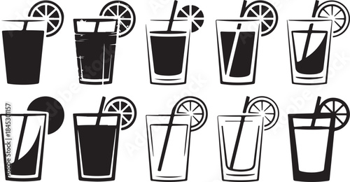 Ten Black and White Icons of Glasses with Drinks and Garnishes beverage cocktail