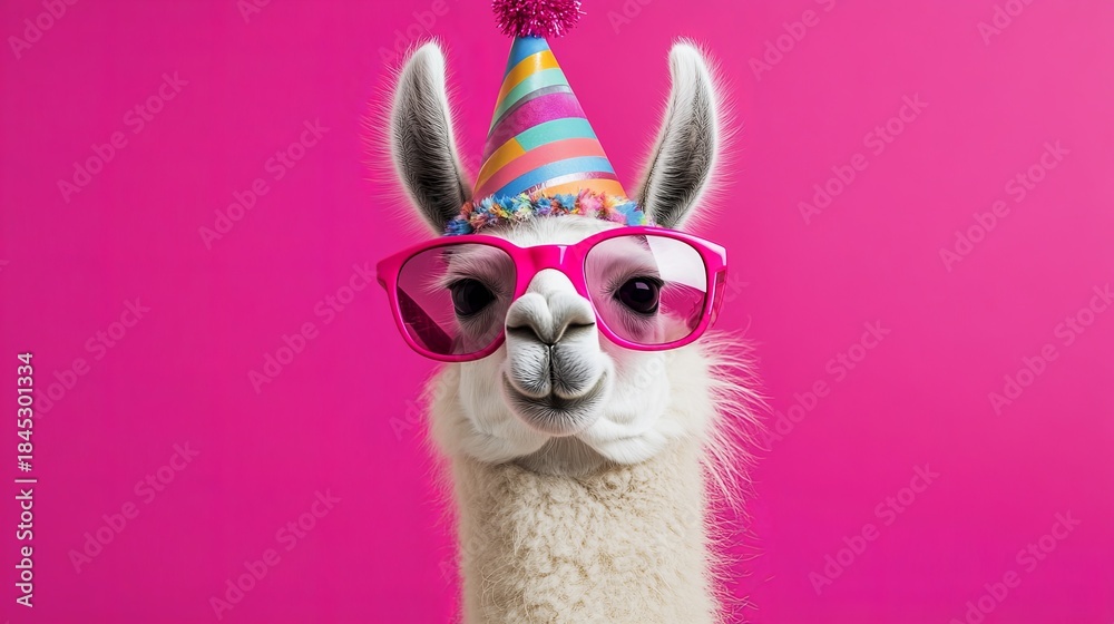 Fototapeta premium Cute llama with oversized pink sunglasses on a bright pink background, wearing a colorful party hat. .