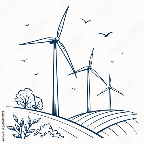 Wind energy landscape sketch with turbines on hills and birds flying in the sky.