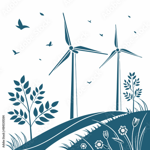 Wind energy and nature harmony illustration with spinning turbines and flying birds