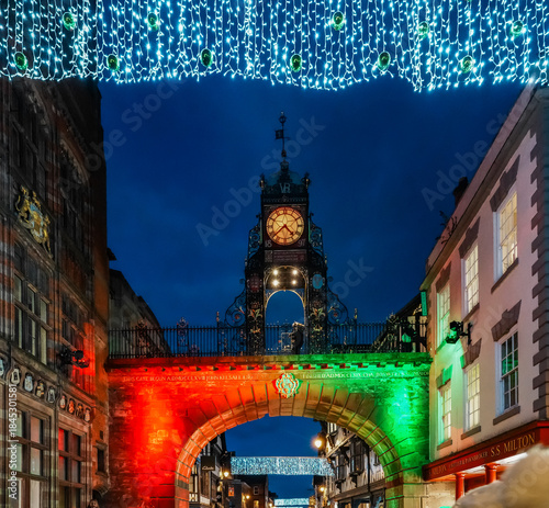 Chester city centre in the blue hour before chirstmas