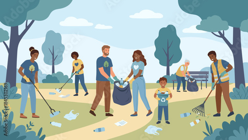 Diverse group of volunteers cleaning up trash in park. Community service team collecting garbage for recycling. Environmental protection concept. People teamwork in nature. Flat vector illustration.