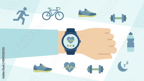 Smartwatch on wrist displaying heart rate. Wearable technology fitness tracker. Sport icons running bicycle dumbbell. Digital health device active lifestyle. Activity monitoring