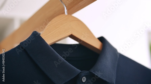 polo. Navy polo shirt with a ribbed collar displayed on a wooden hanger against white background. lifestyle magazines.