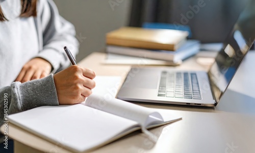 ノートとPCで学習する女性