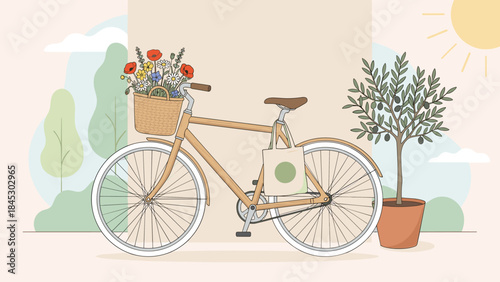 Eco friendly wooden bicycle with flower basket and tote bag. Sustainable transport concept. Spring summer sunny day. Minimalist flat vector illustration. Green living. Urban bike.
