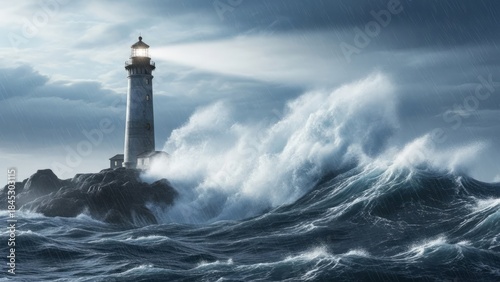 Stormy Lighthouse by the Sea Ocean Waves Coast. Concept featuring lighthouse, storm, ocean, waves, sea.
