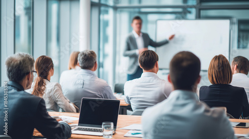 Business professionals listening to presentation in conference room.