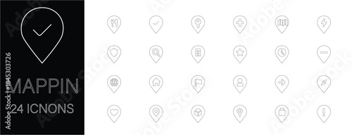 Map Pin Location Icon Set. Features navigation, GPS, destination, address marker, place pointer and travel symbols. Perfect for maps, apps, UI, and web design