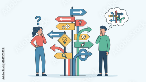 Confused people looking at multiple road signs. Decision making career path concept. Business strategy choices. Man and woman thinking about future direction. Uncertainty dilemma.