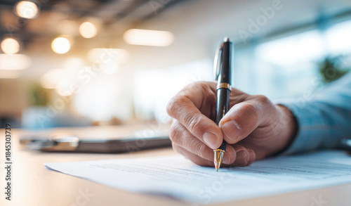 Close up of a male hand holding a pen signing a contract against an abstract blurred background