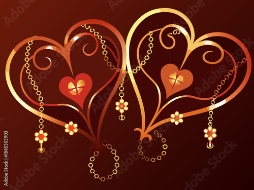 Intricate golden hearts and floral designs on a deep reddish brown background