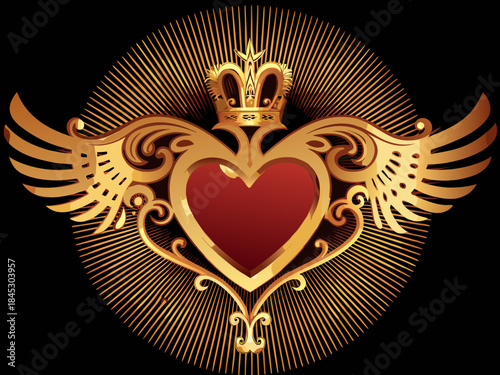 Golden heart with wings and a crown radiating regal love and passion